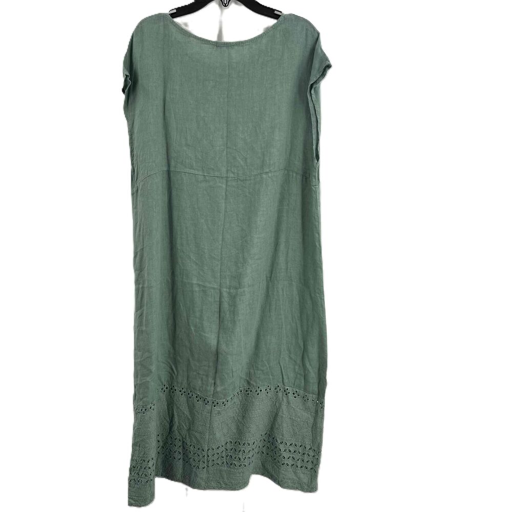 Vanessa Zani‎ Green Linen Sleeveless Midi Dress Eyelet Hem Round Neck Medium